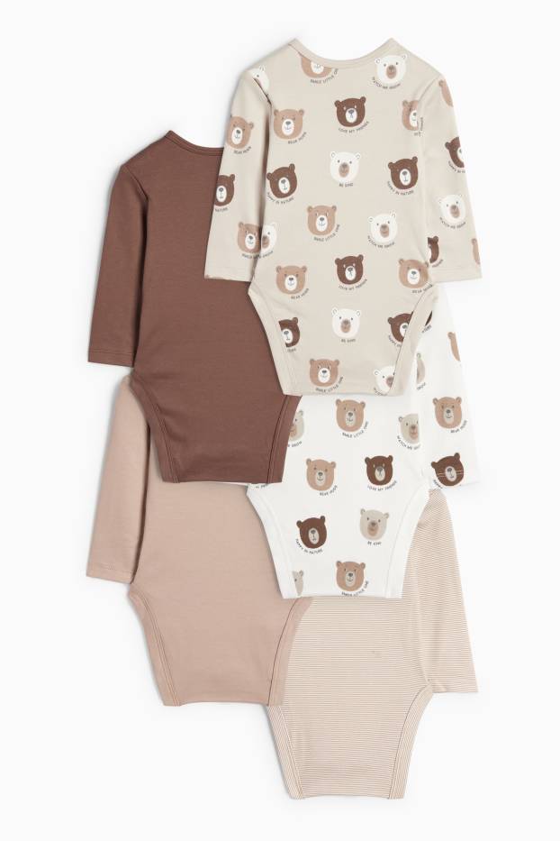 Unisex - Multipack of 5 - teddy bear - baby bodysuit - taupe