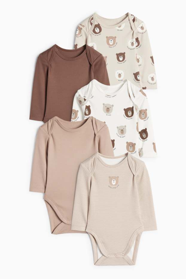 Unisex - Multipack of 5 - teddy bear - baby bodysuit - taupe