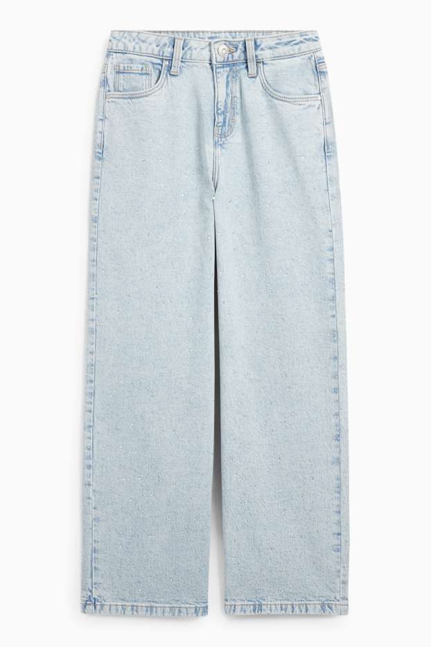 Kinder Mädchen - Wide Leg Jeans mit Strasssteinen - helljeansblau