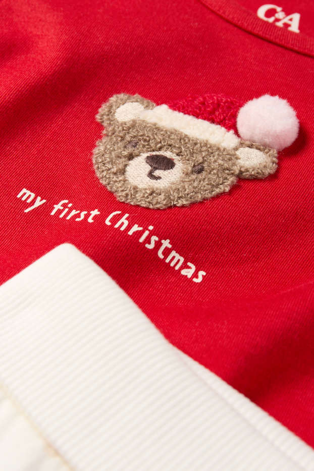 Baby Buben - Teddybär - Weihnachts-Erstlingsoutfit - 3 teilig - weiß / rot
