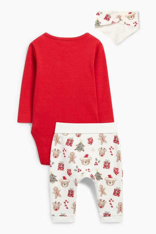 Baby Buben - Teddybär - Weihnachts-Erstlingsoutfit - 3 teilig - weiß / rot