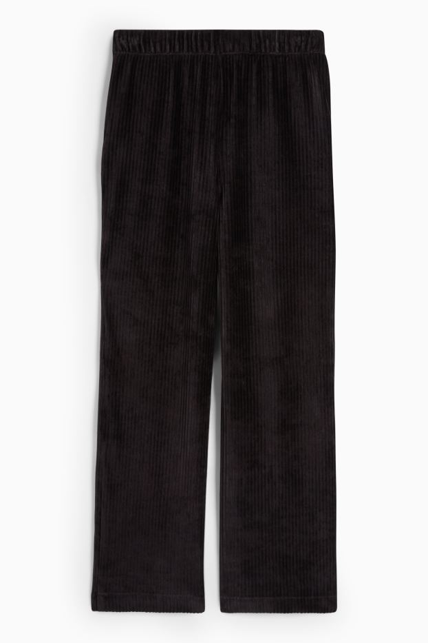 Damen - Samthose - High Waist - Wide Leg - gerippt - schwarz