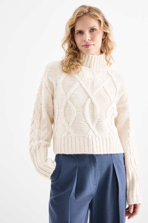 Damen - Crop Pullover - Zopfmuster - hellbeige
