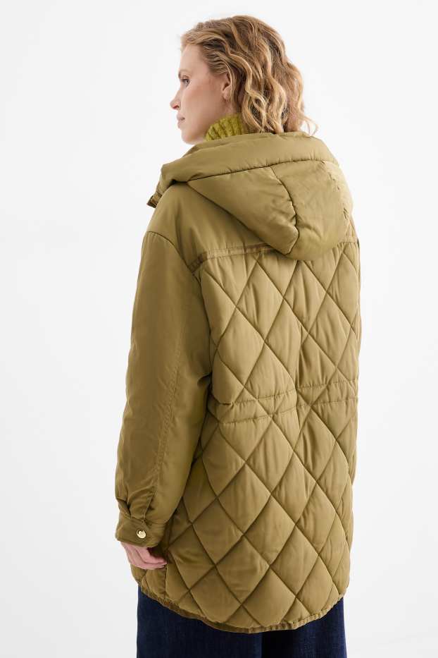 Women - Quilted coat with hood - water-repellent - green