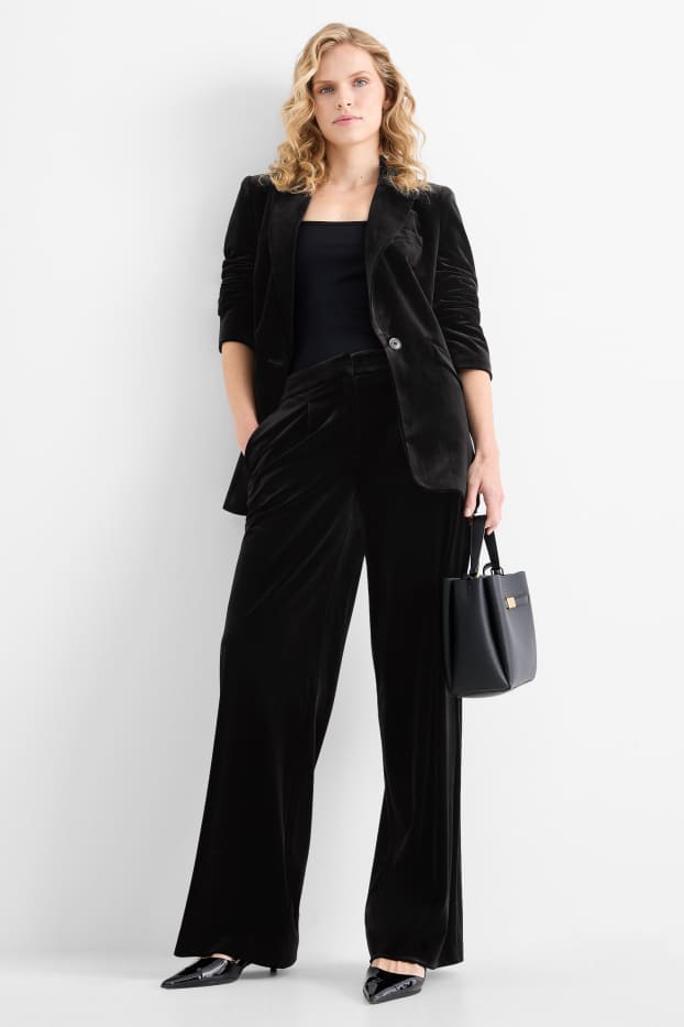 Femei - Pantaloni office din catifea - talie medie - wide leg - negru