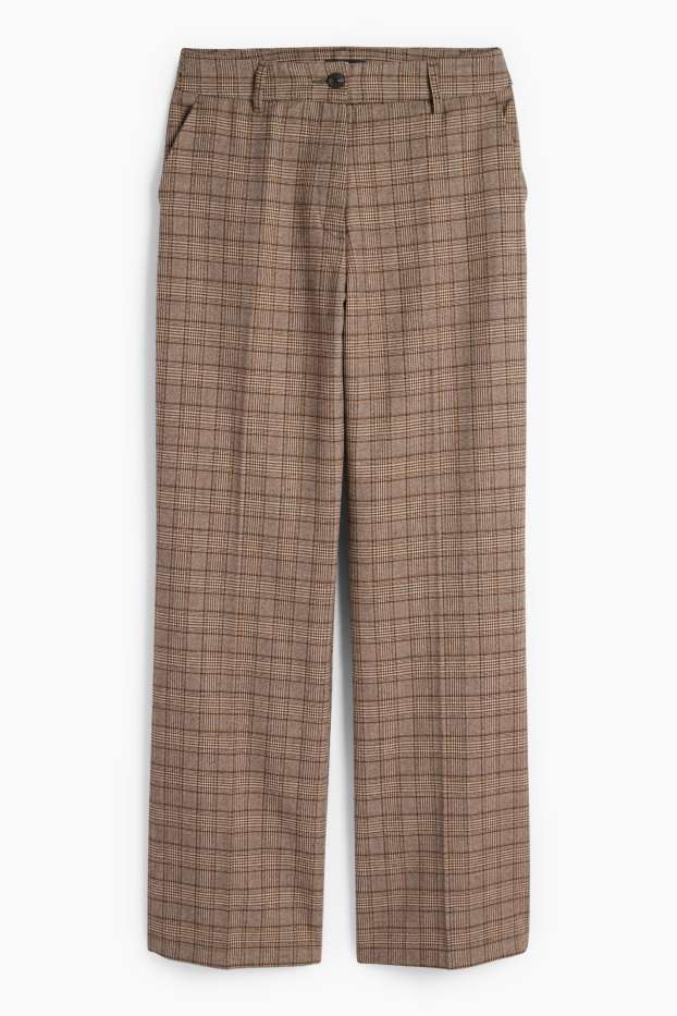 Donna - Pantaloni di stoffa - vita media - gamba ampia - a quadretti - marrone