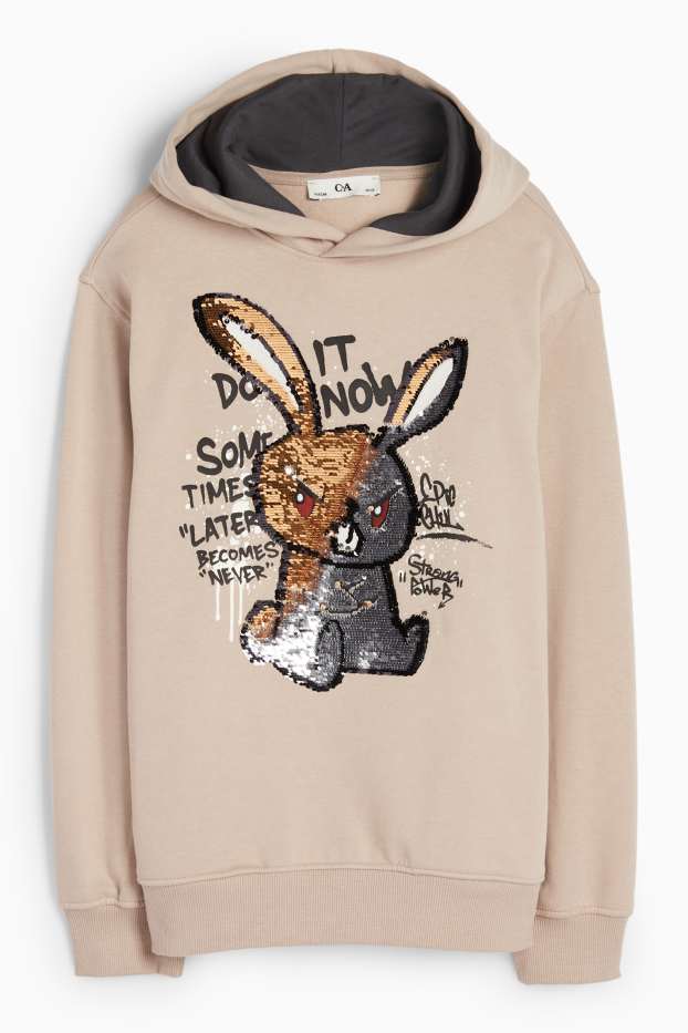 Kinderen: jongens - Haasje - hoodie - glanseffect - beige