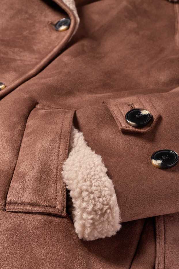 Damen - Faux Shearling Mantel - Velourslederimitat - braun