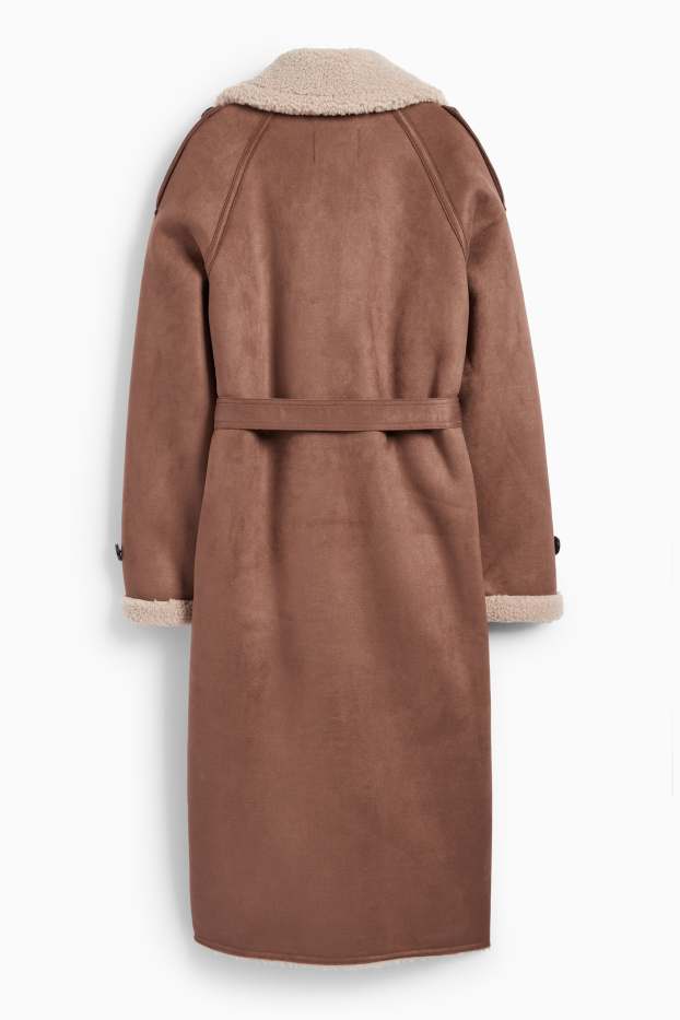 Damen - Faux Shearling Mantel - Velourslederimitat - braun