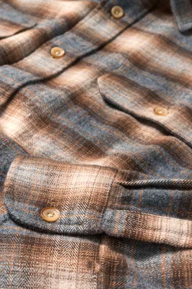 Men - Flannel shirt - regular fit - kent collar - check - light brown