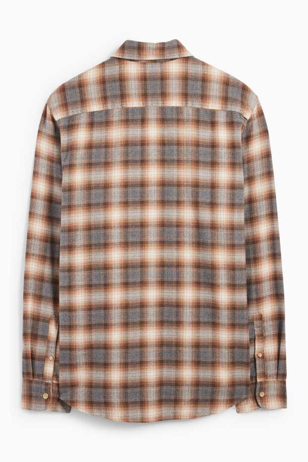 Men - Flannel shirt - regular fit - kent collar - check - light brown