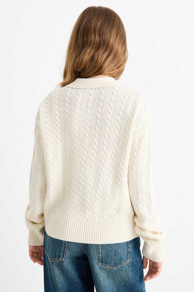 Bambine - Orsacchiotto- maglione - motivo a treccia - bianco crema