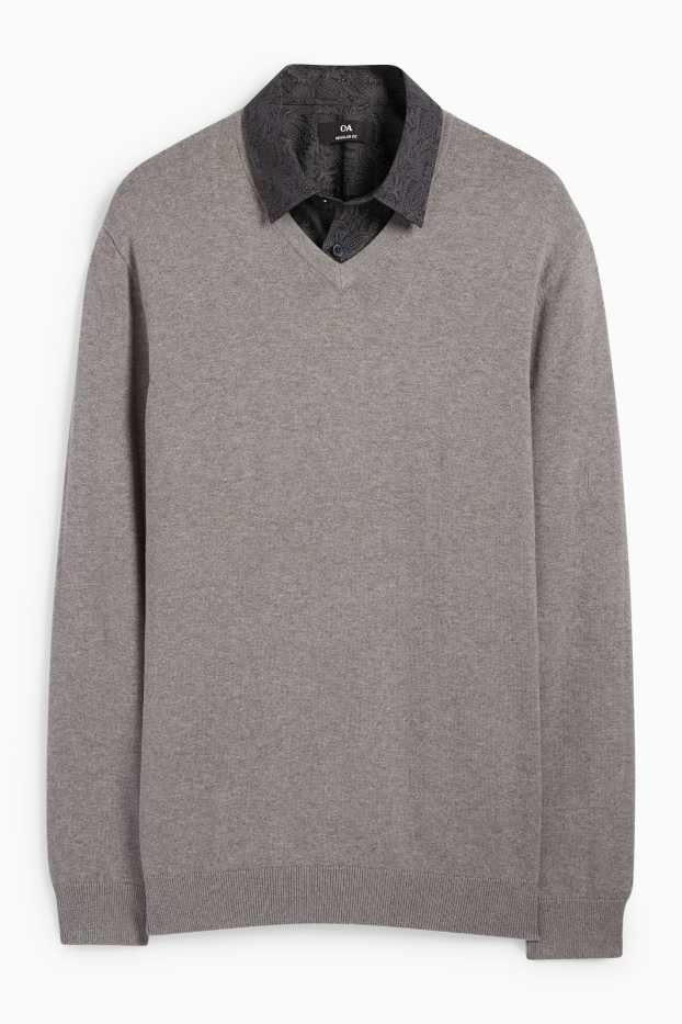 Herren - Set - Pullover mit V-Ausschnitt und Businesshemd - 2 teilig - grau