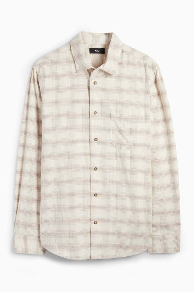 Uomo - Camicia di velluto a coste - regular fit - collo all'italiana - a quadretti - crema