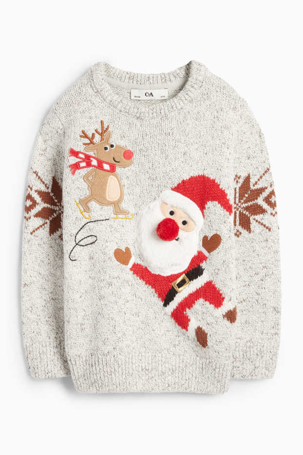 Kinder Buben - Weihnachtsmann und Rentier - Weihnachtspullover - weiß-melange