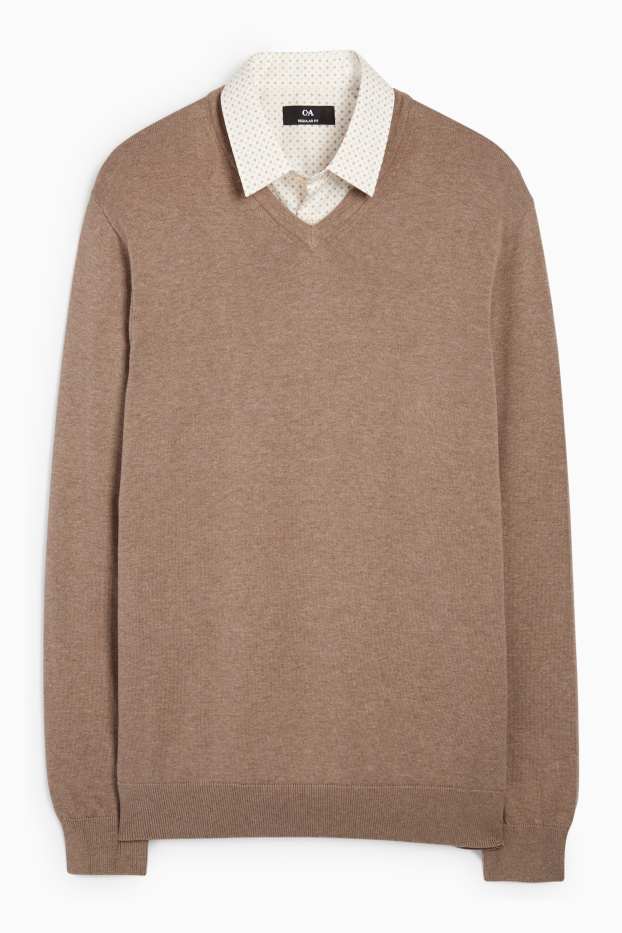 Heren - Set - trui met V-hals en business-overhemd - 2-delig - licht beige