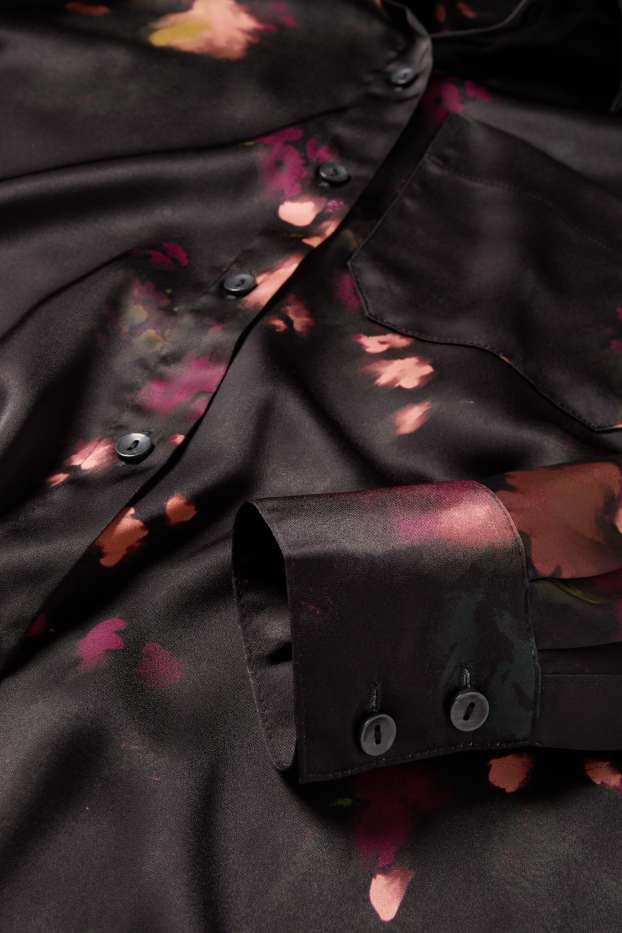 Femmes - Chemisier en satin - à fleurs - noir