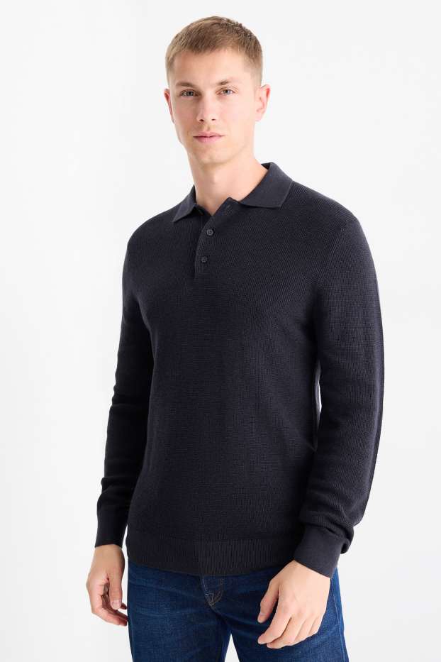 Home - Polo de màniga llarga - regular fit - punt de mitja - texturat - blau fosc