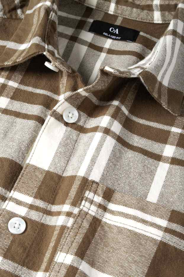 Men - Flannel shirt - regular fit - kent collar - check - white / beige