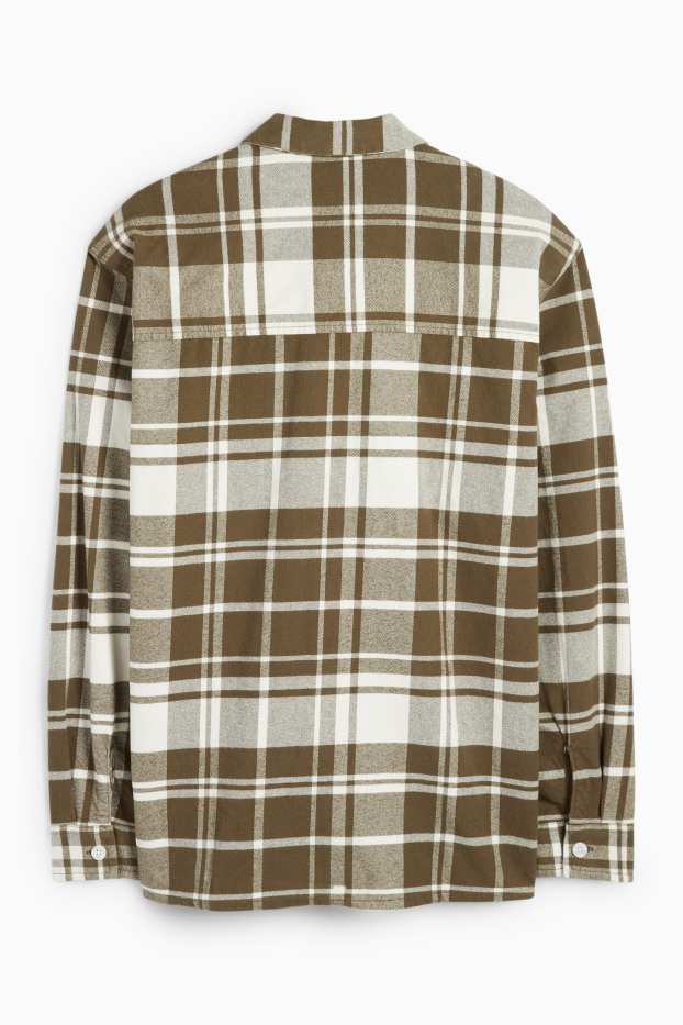 Men - Flannel shirt - regular fit - kent collar - check - white / beige