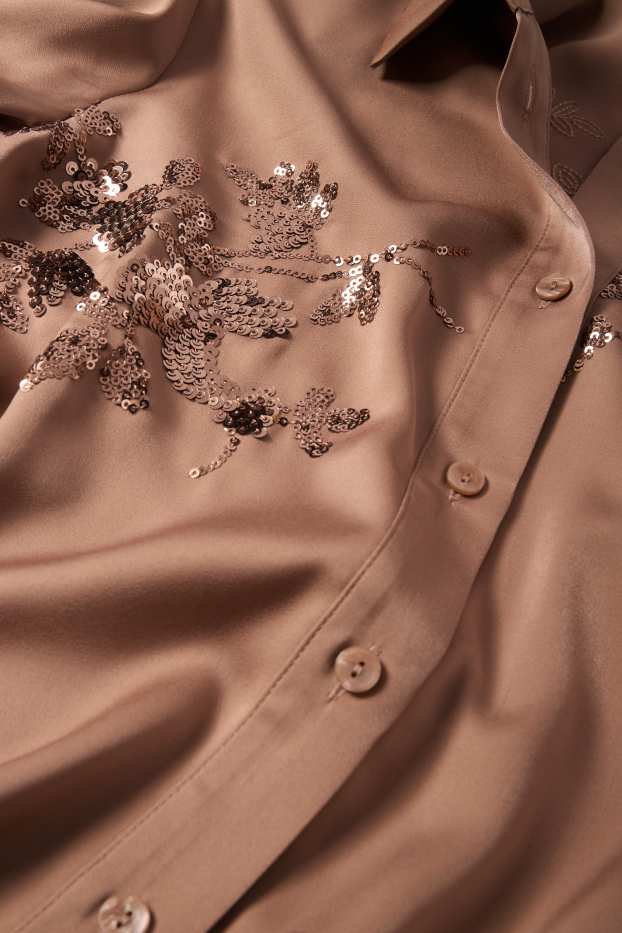 Femmes - Chemisier en satin - effet brillant - motif à fleurs - marron clair
