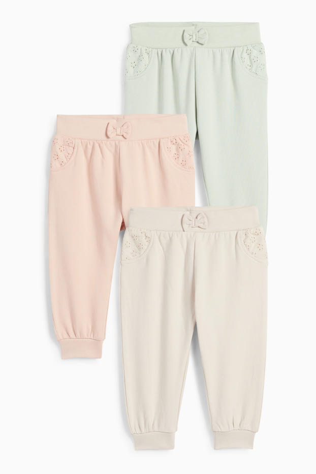 Bebés niñas - Pack de 3 - pantalones de deporte para bebé - bordado inglés - beige claro