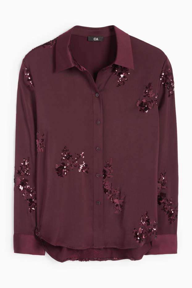 Women - Satin blouse - shiny - floral - purple