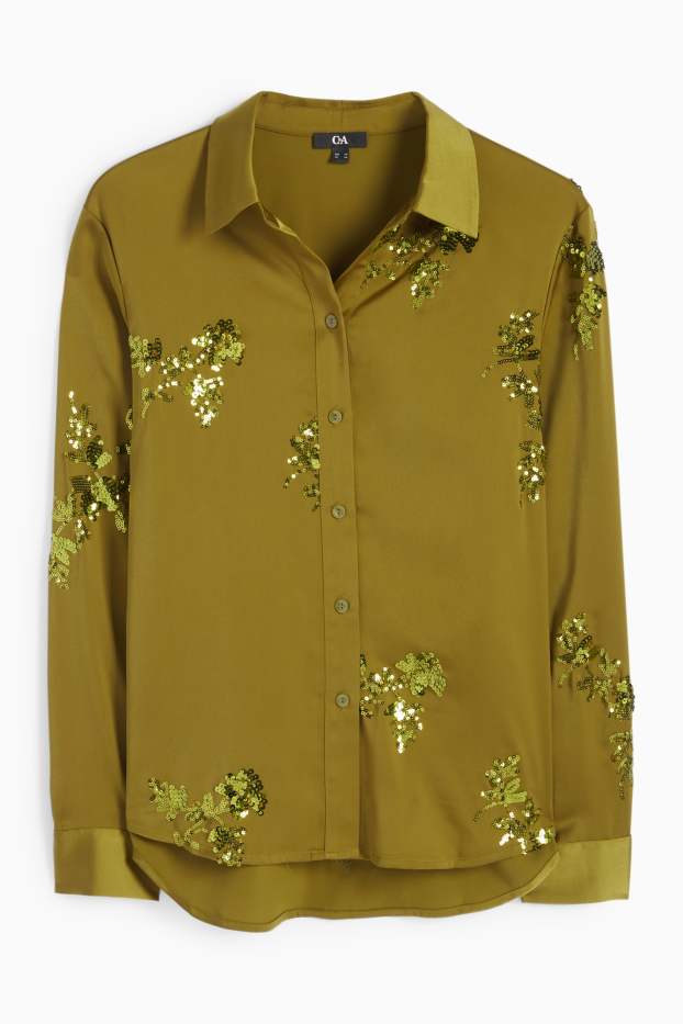 Women - Satin blouse - shiny - floral - green