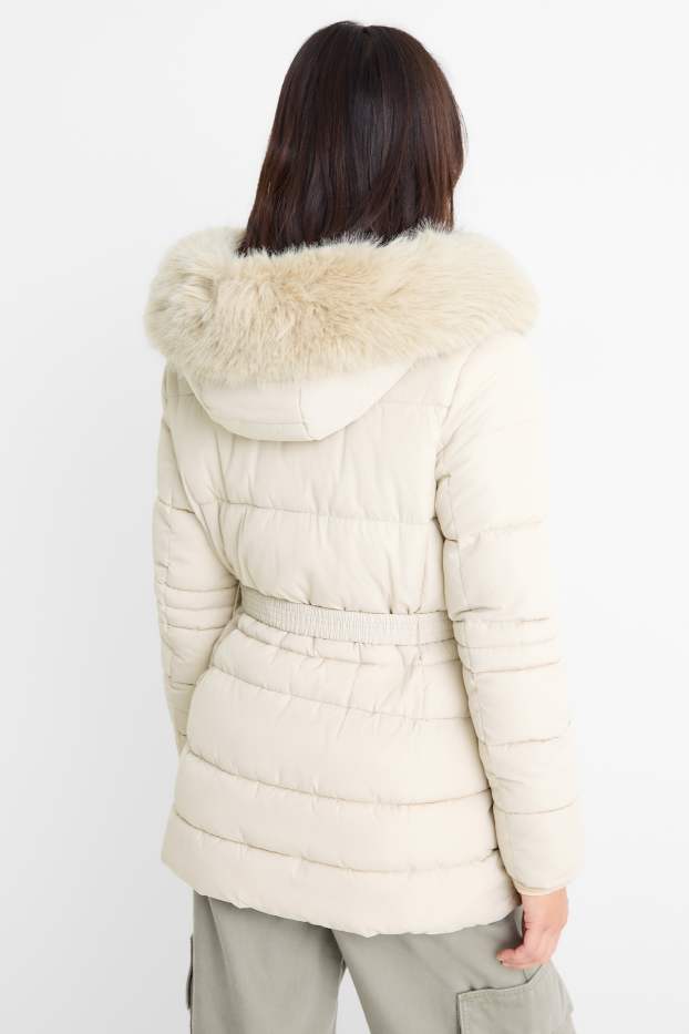 Dames - Gewatteerde jas met ceintuur, capuchon en imitatiebontrandje - licht beige