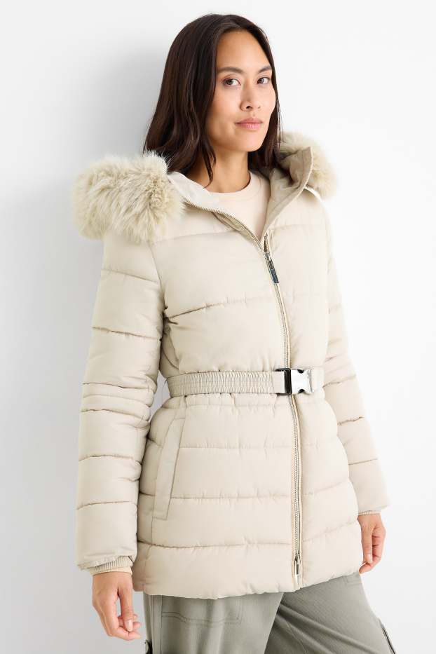 Dames - Gewatteerde jas met ceintuur, capuchon en imitatiebontrandje - licht beige