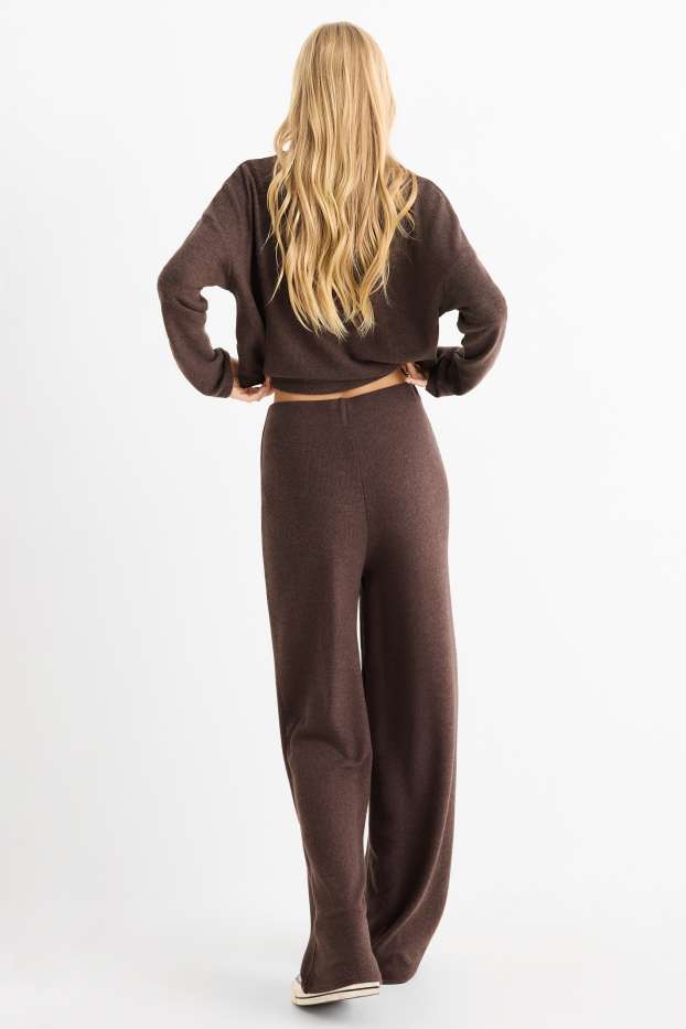 Dames - Gebreide broek - mid waist - wide leg - ribstof - donkerbruin