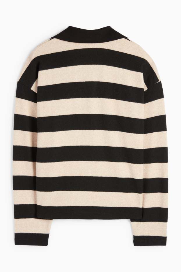 Femei - Tricou polo cu mânecă lungă - din tricot - cu dungi - negru / nej