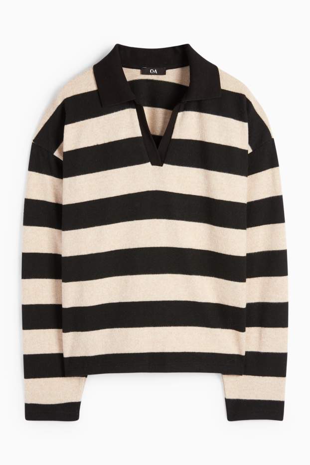 Femei - Tricou polo cu mânecă lungă - din tricot - cu dungi - negru / nej