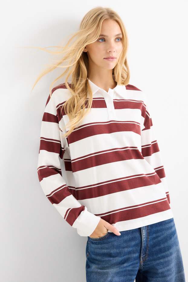 Mujer - Polo de manga larga - regular fit - de rayas - blanco / rojo