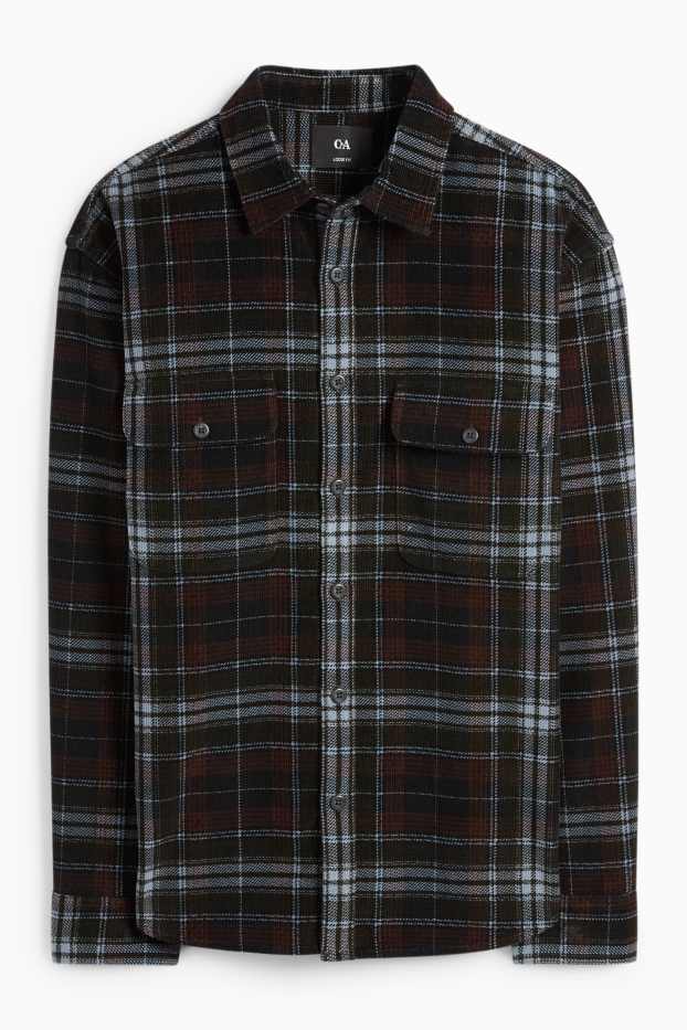 Uomo - Camicia di velluto a coste - loose fit - collo all'italiana - a quadretti - nero