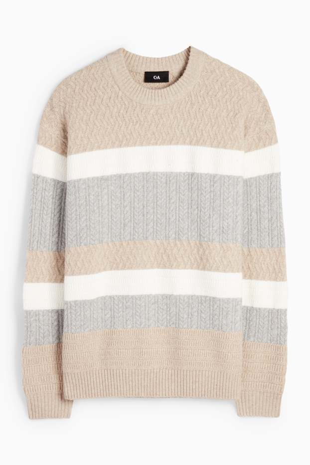 Men - Jumper - striped - textured - gray / beige