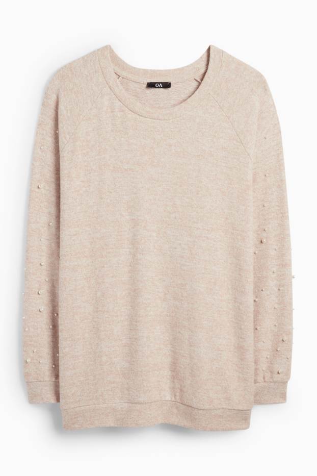 Damen - Sweatshirt mit Perlen - hellbeige