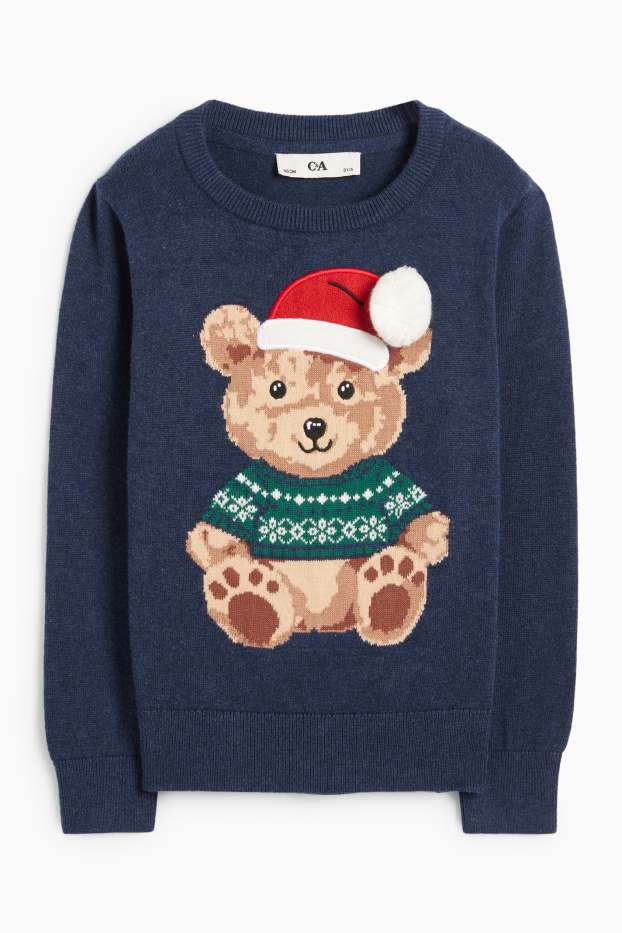 Kinder Jungen - Teddybär - Weihnachtspullover - dunkelblau