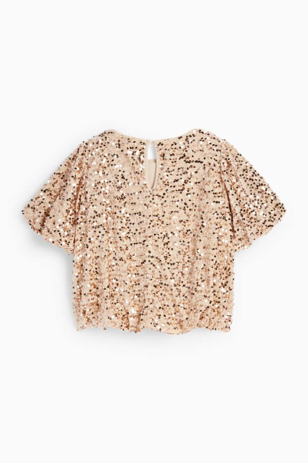 Kinder Mädchen - Samt-Pailletten-Kurzarmshirt - hellbeige