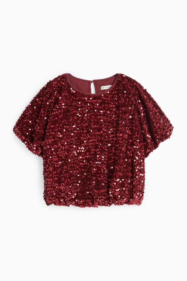 Kinder Mädchen - Samt-Pailletten-Kurzarmshirt - dunkelrot