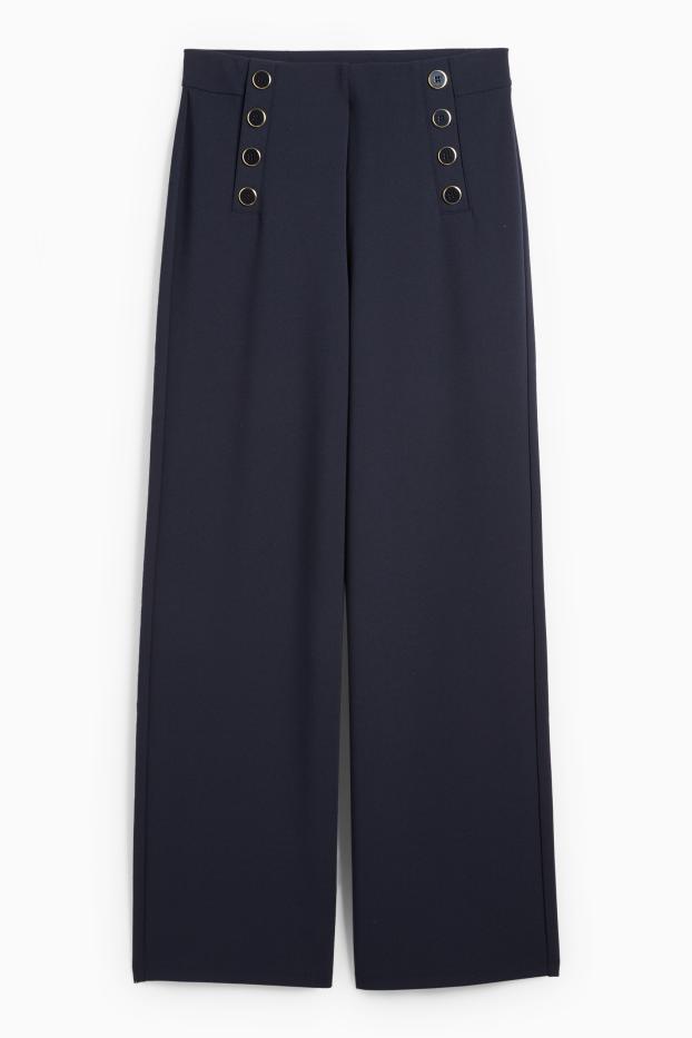 Dámské - Žerzejové kalhoty - mid waist - wide leg - tmavomodrá