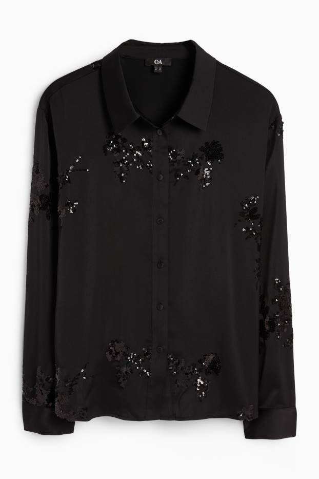 Donna - Blusa in raso - a fiori - brillante - nero