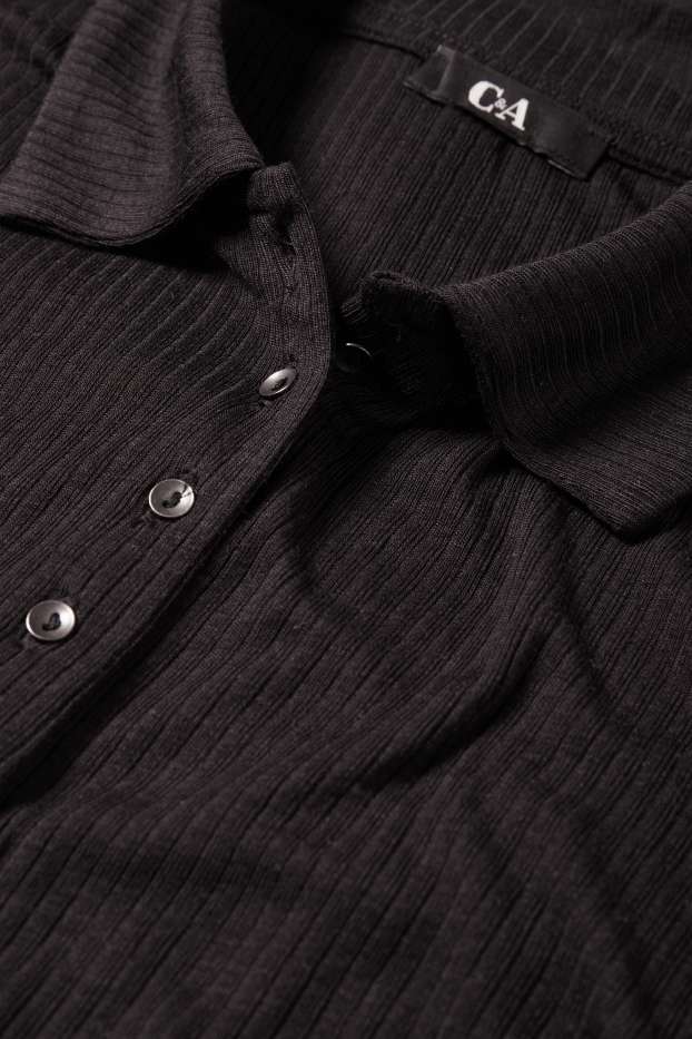 Damen - Langarm-Poloshirt - Regular Fit - gerippt - schwarz