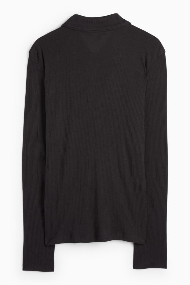 Damen - Langarm-Poloshirt - Regular Fit - gerippt - schwarz