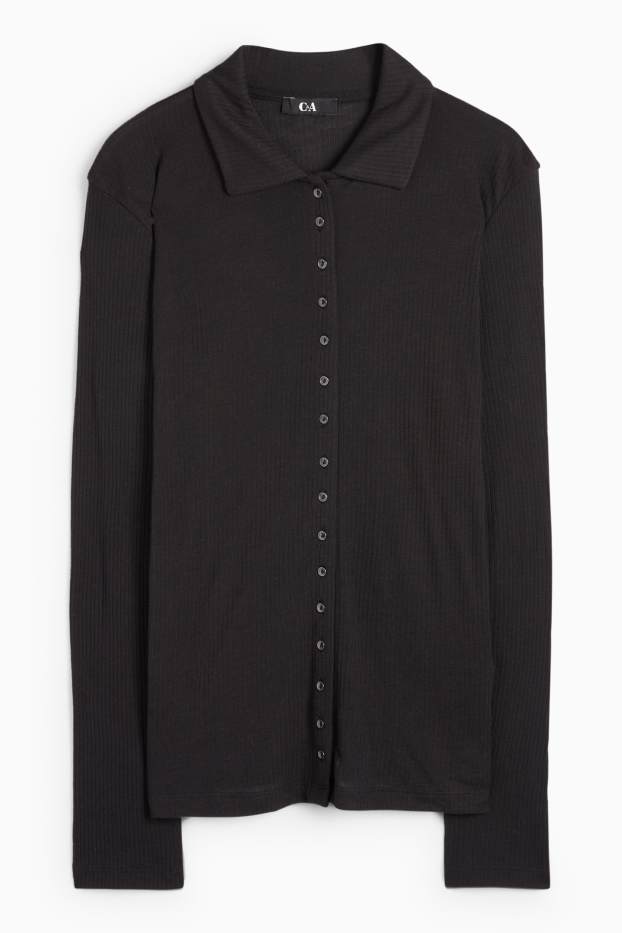 Damen - Langarm-Poloshirt - Regular Fit - gerippt - schwarz