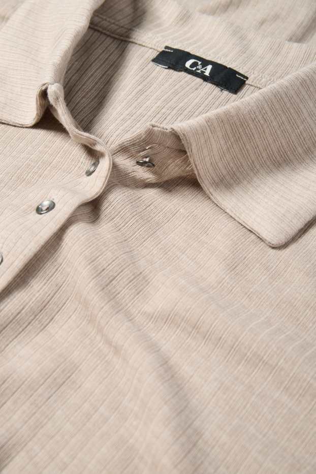 Women - Basic long sleeve polo shirt - regular fit - ribbed - beige