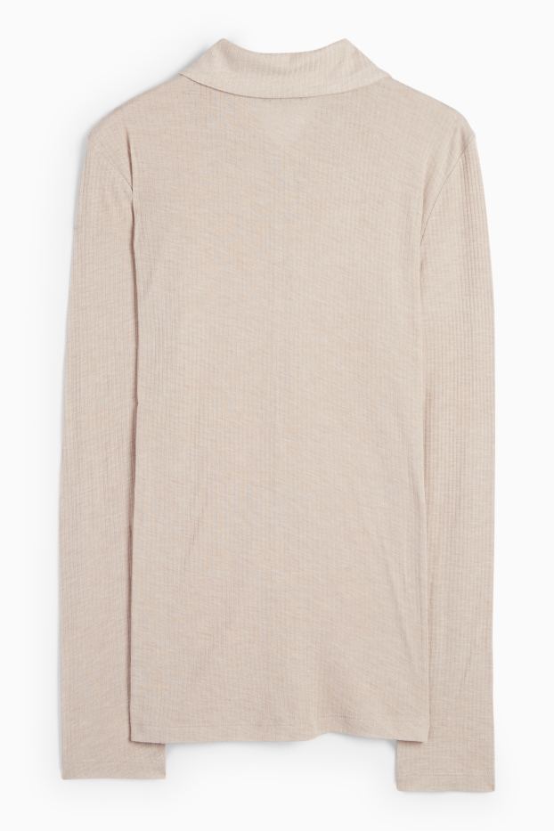 Women - Basic long sleeve polo shirt - regular fit - ribbed - beige