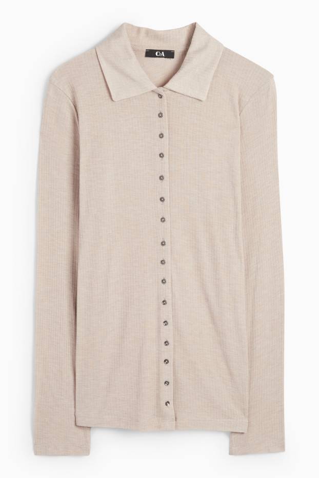 Women - Basic long sleeve polo shirt - regular fit - ribbed - beige