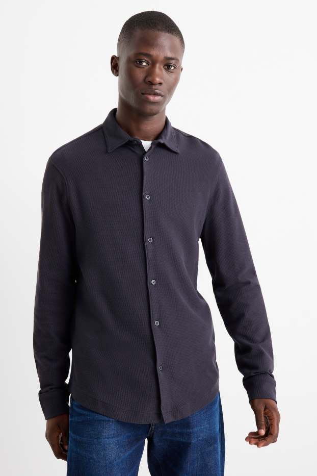 Men - Shirt - regular fit - kent collar - textured - dark blue