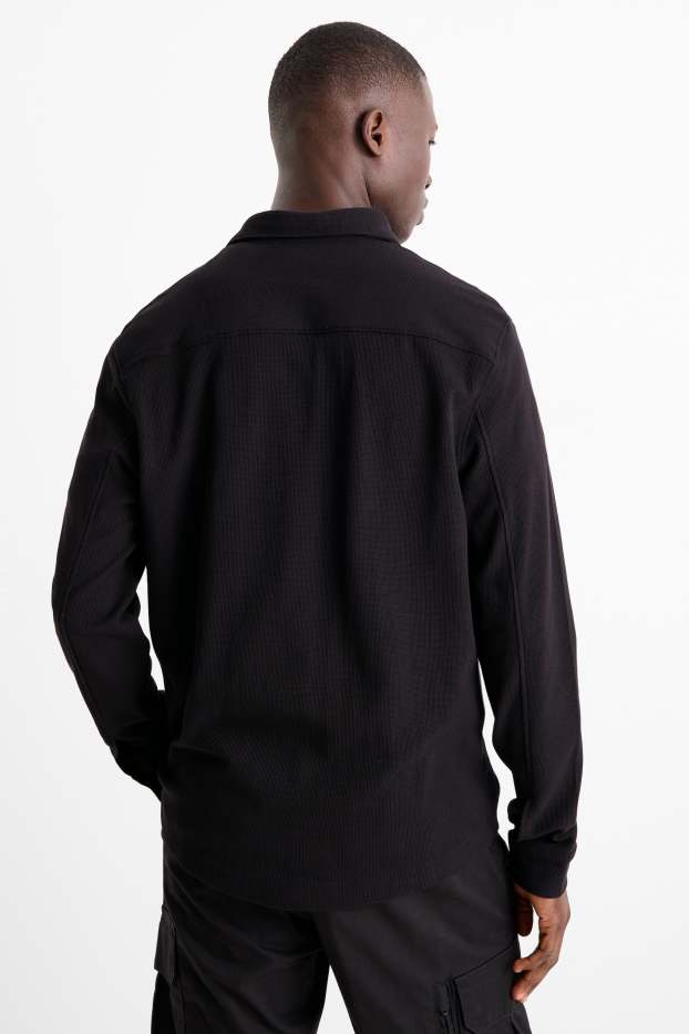 Men - Shirt - regular fit - kent collar - textured - black